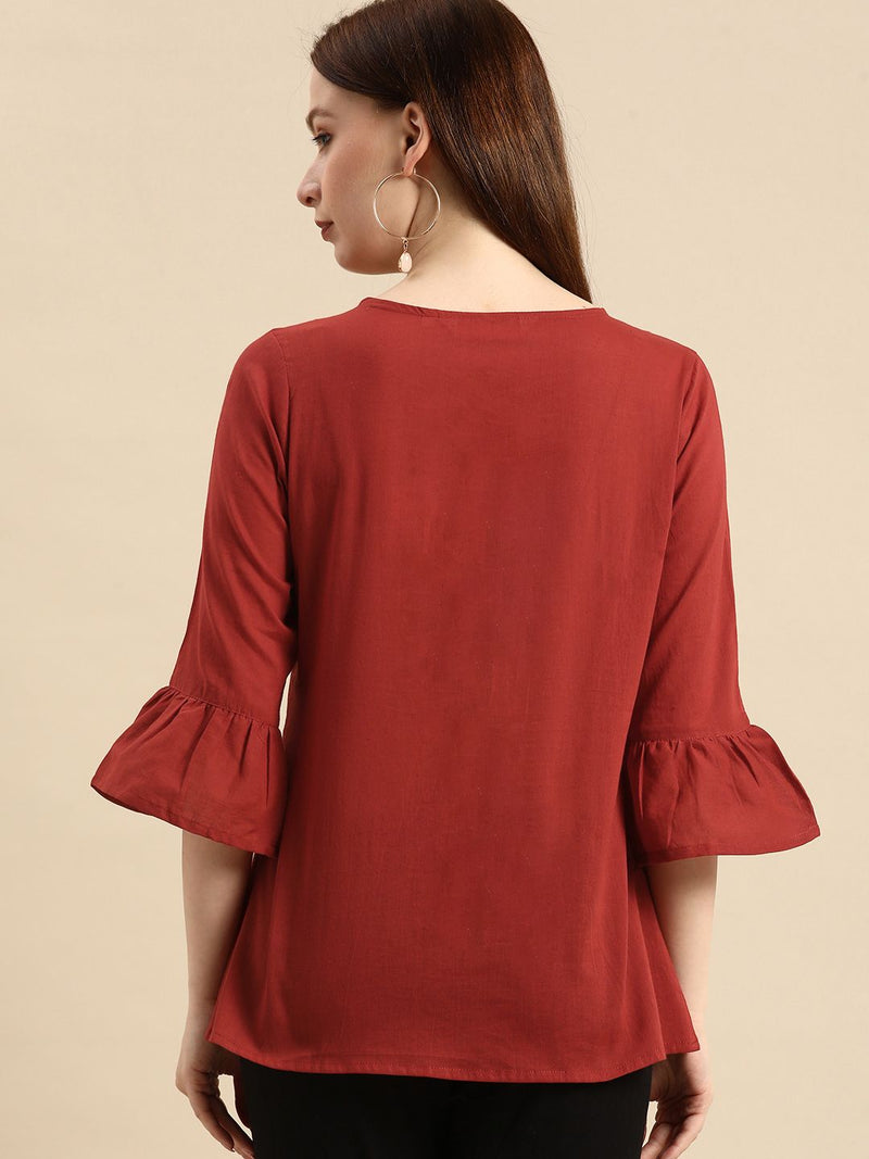 Rust Embroidered Tie-Up Neck Top for Women Back