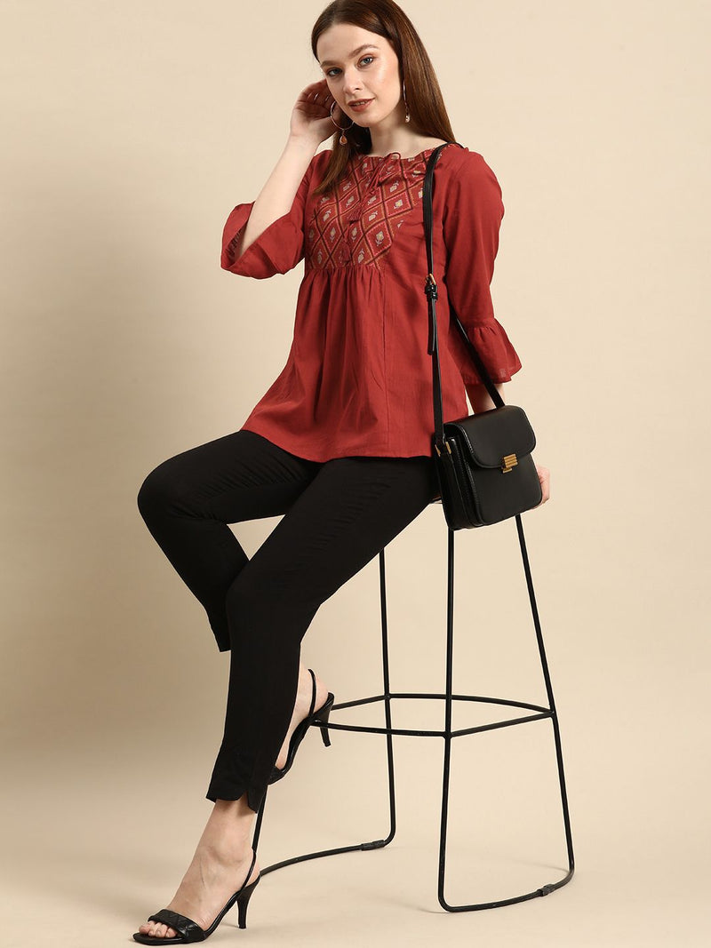 Rust Embroidered Tie-Up Neck Top for Women 