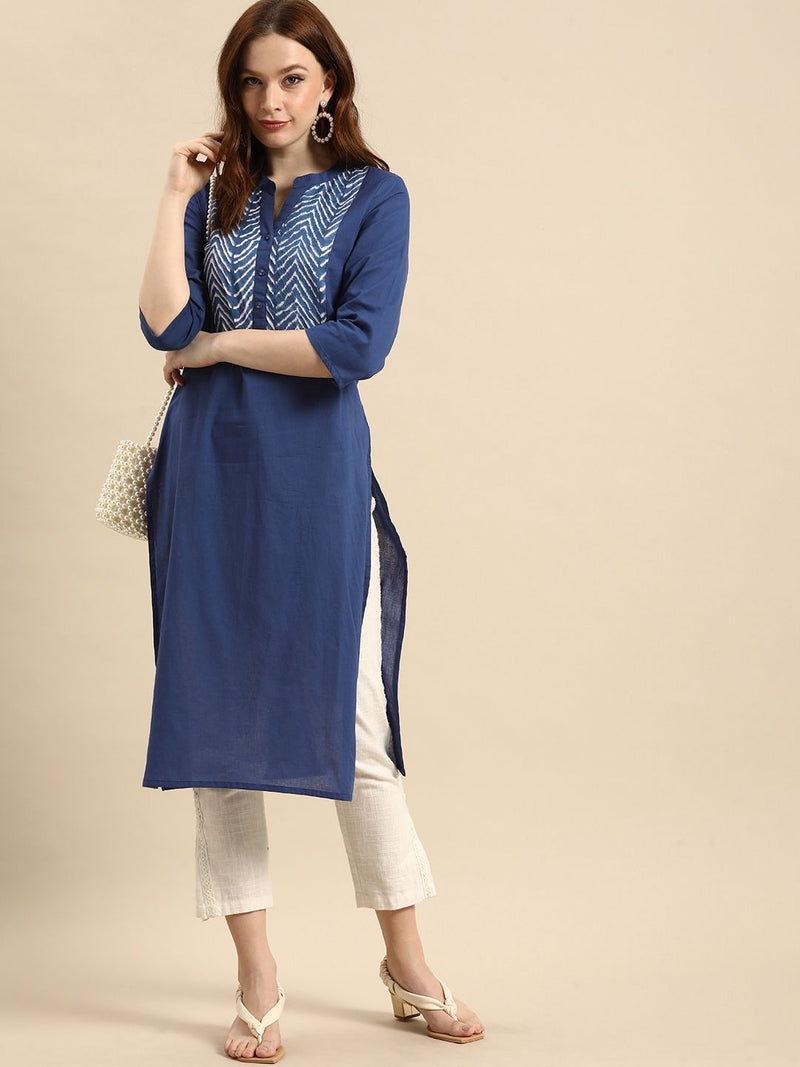 Blue Panel Print Ethnic Kurta Standing