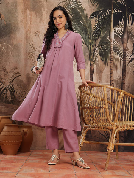 Mauve Muse Embroidered Cotton Kurta Trouser Set