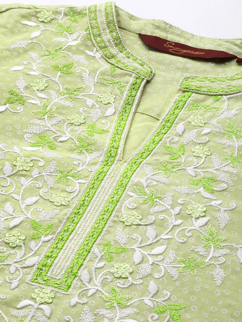 Women Green Embroidered Straight Cotton Kurta