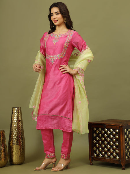 Women Pink Color Floral Embroidered Kurta with Trousers & Dupatta