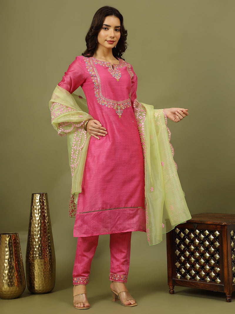 Women Pink Color Floral Embroidered Kurta with Trousers & Dupatta