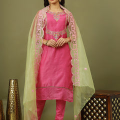 Women Pink Color Floral Embroidered Kurta with Trousers & Dupatta