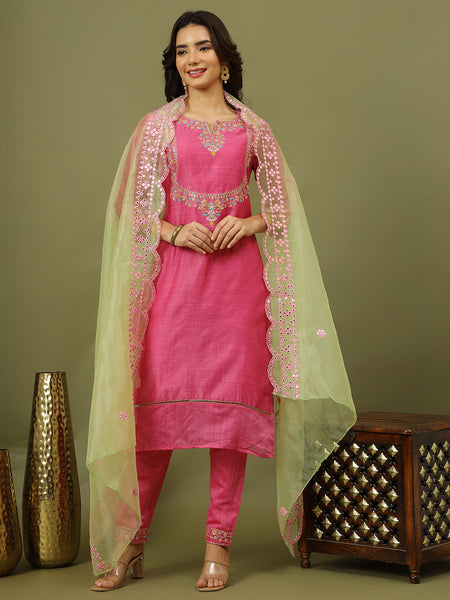 Women Pink Color Floral Embroidered Kurta with Trousers & Dupatta