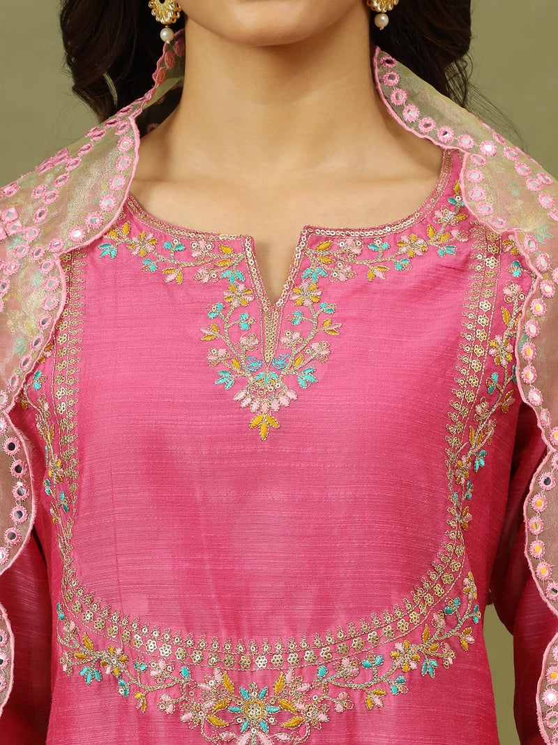 Women Pink Color Floral Embroidered Kurta with Trousers & Dupatta