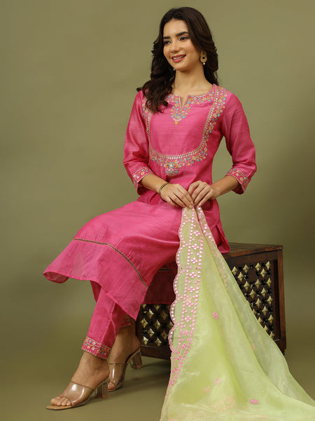 Women Pink Color Floral Embroidered Kurta with Trousers & Dupatta