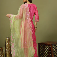 Women Pink Color Floral Embroidered Kurta with Trousers & Dupatta