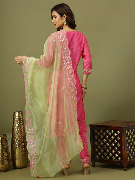 Women Pink Color Floral Embroidered Kurta with Trousers & Dupatta