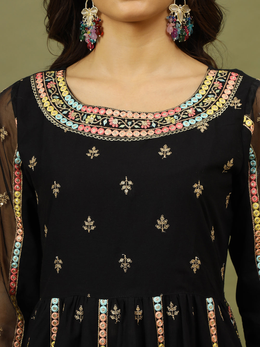 Embroidered Pure Cotton Anarkali Kurta With Trouser & Dupatta set