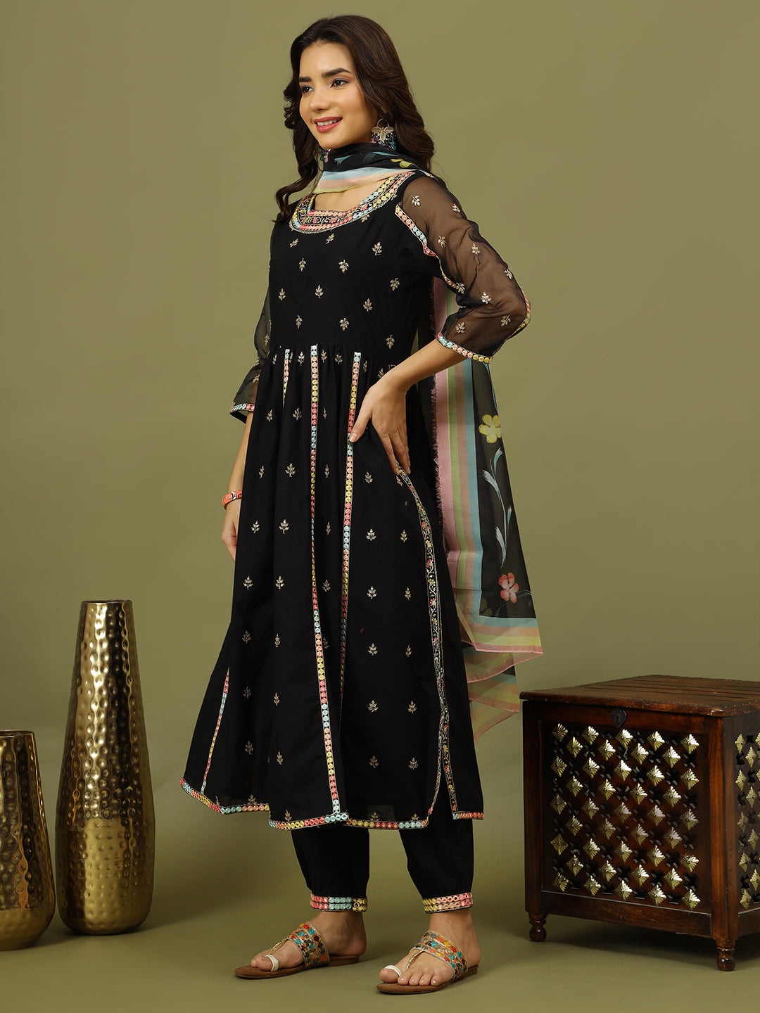 Embroidered Pure Cotton Anarkali Kurta With Trouser & Dupatta set