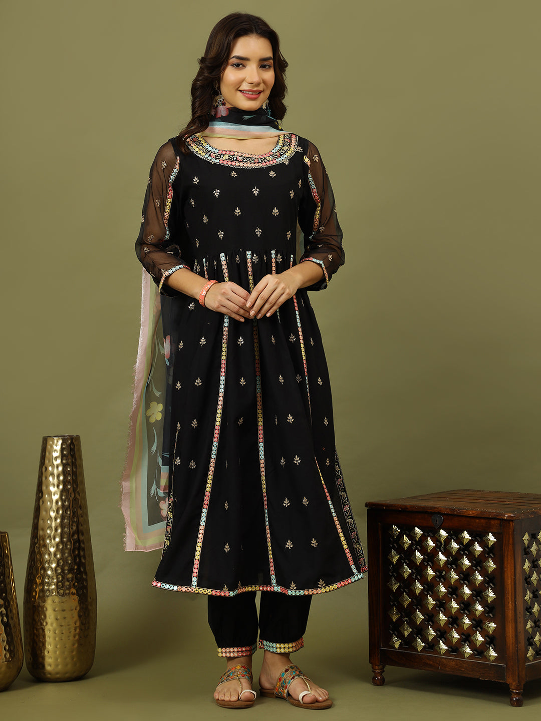 Embroidered Pure Cotton Anarkali Kurta With Trouser & Dupatta set