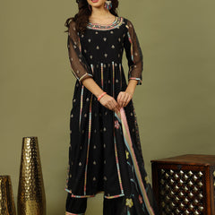 Women Floral Embroidered Cotton Kurta with Trousers & Dupatta