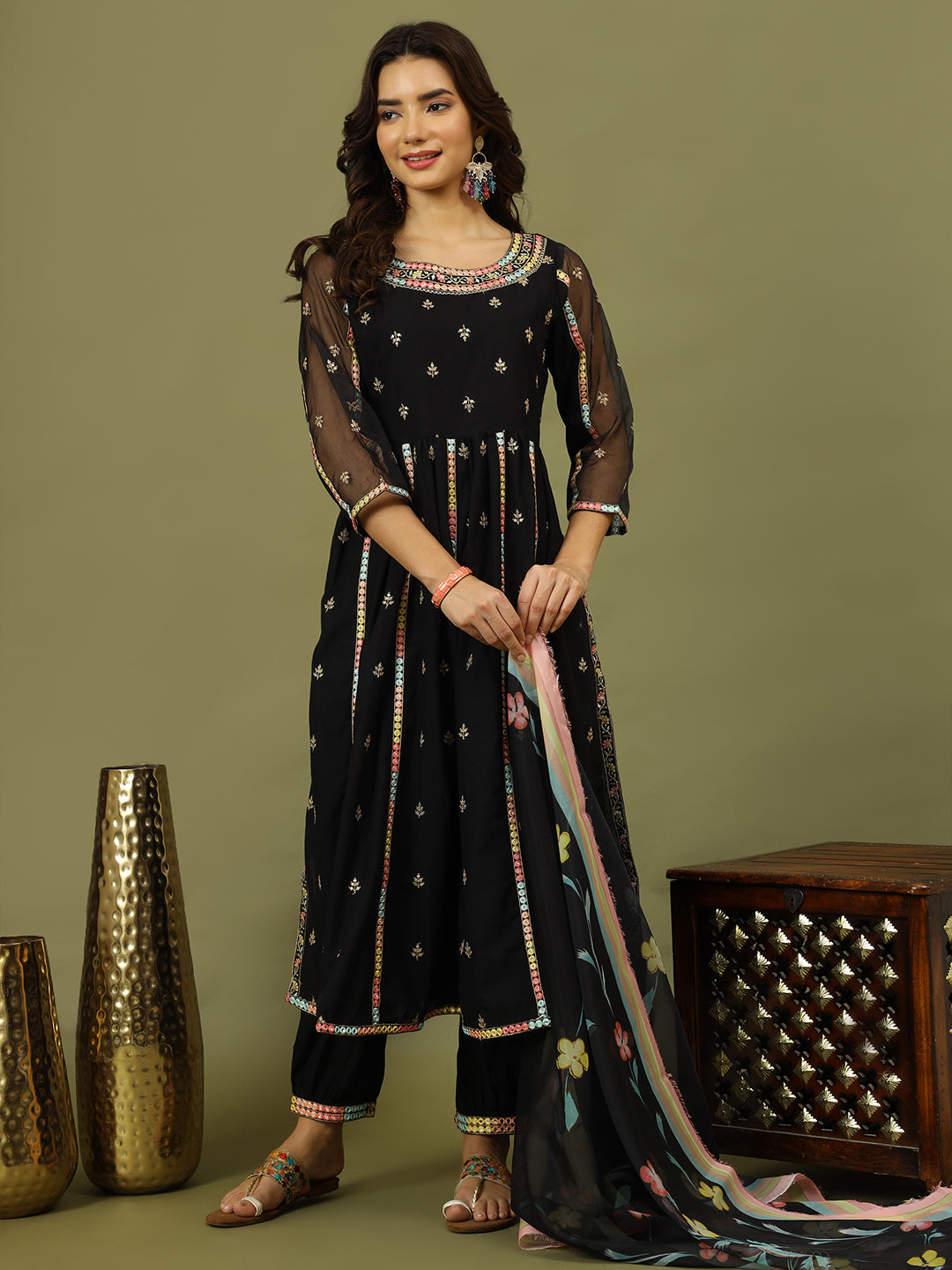 Embroidered Pure Cotton Anarkali Kurta With Trouser & Dupatta set