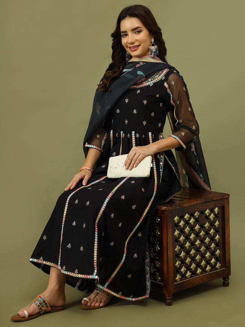 Women Floral Embroidered Cotton Kurta with Trousers & Dupatta