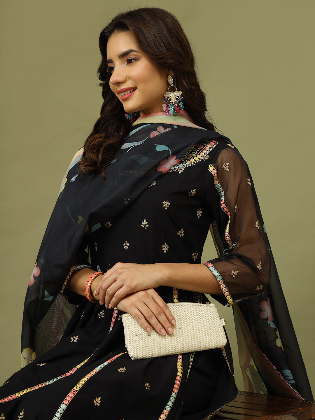 Embroidered Pure Cotton Anarkali Kurta With Trouser & Dupatta set