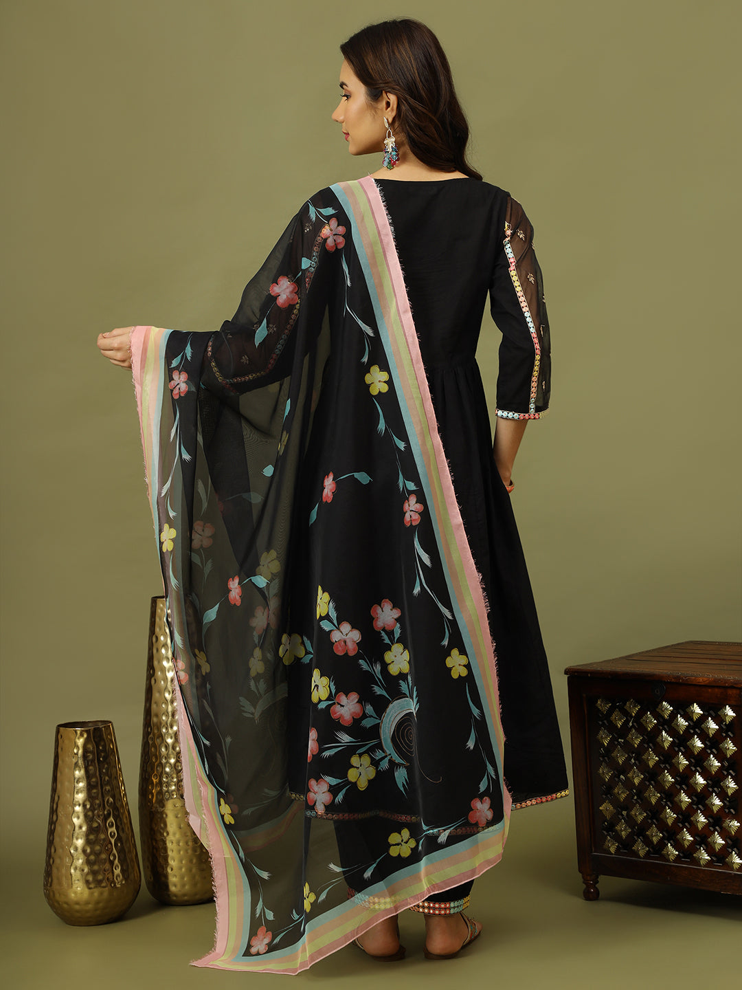 Embroidered Pure Cotton Anarkali Kurta With Trouser & Dupatta set