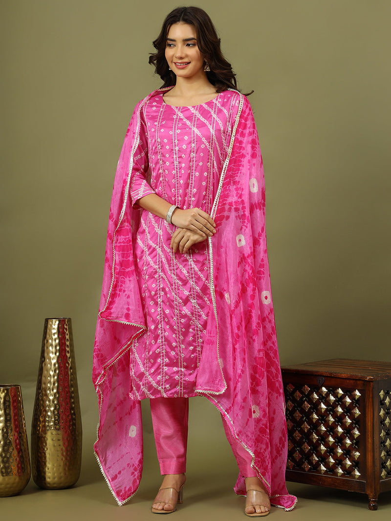Women Bandhani Printed Silk Kurta with Trousers & Dupatta