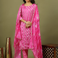 Women Bandhani Printed Silk Kurta with Trousers & Dupatta