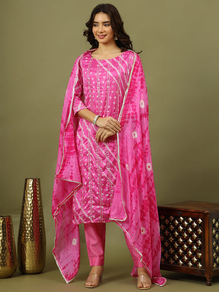 Women Bandhani Printed Silk Kurta with Trousers & Dupatta