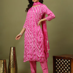 Women Bandhani Printed Silk Kurta with Trousers & Dupatta