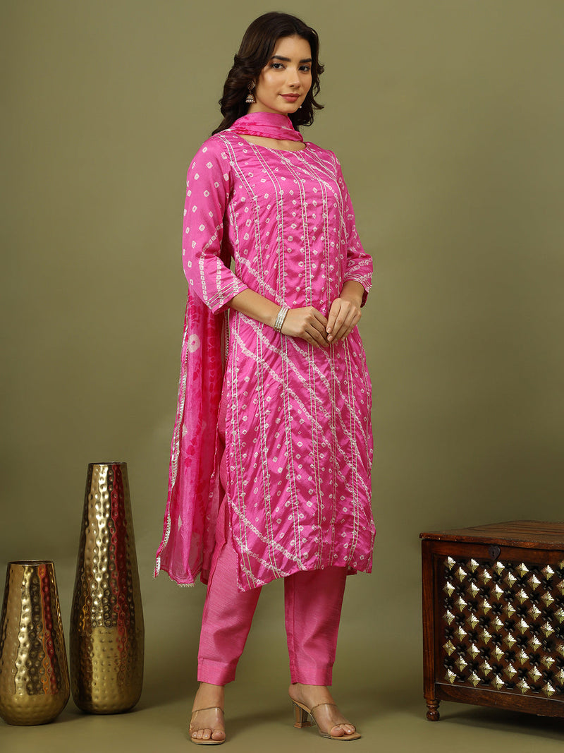 Women Bandhani Printed Silk Kurta with Trousers & Dupatta
