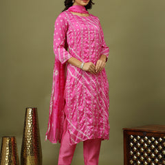 Women Bandhani Printed Silk Kurta with Trousers & Dupatta