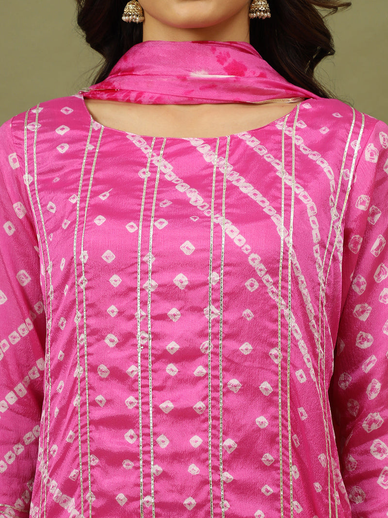 Women Bandhani Printed Silk Kurta with Trousers & Dupatta
