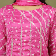 Women Bandhani Printed Silk Kurta with Trousers & Dupatta