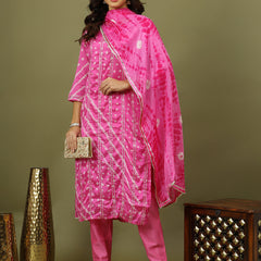 Women Bandhani Printed Silk Kurta with Trousers & Dupatta