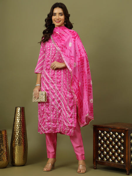 Women Bandhani Printed Silk Kurta with Trousers & Dupatta