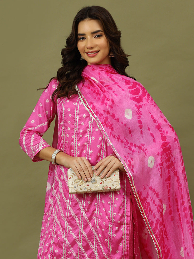 Women Bandhani Printed Silk Kurta with Trousers & Dupatta