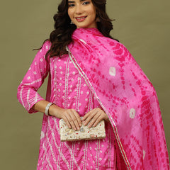 Women Bandhani Printed Silk Kurta with Trousers & Dupatta