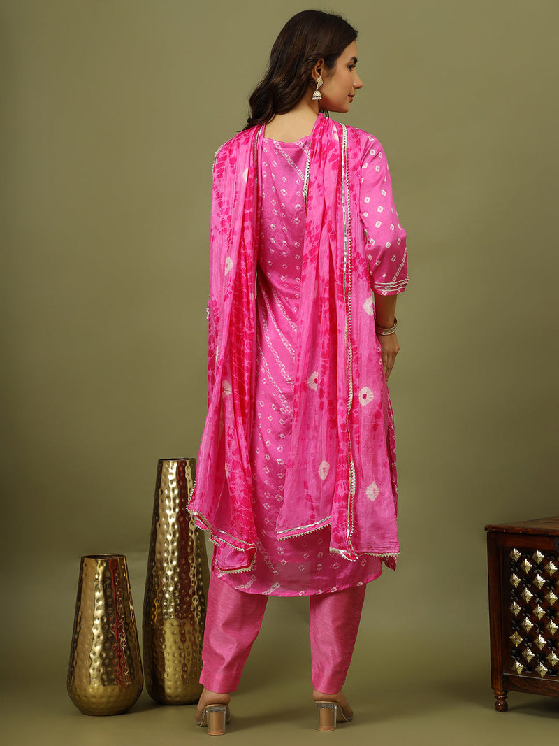 Women Bandhani Printed Silk Kurta with Trousers & Dupatta