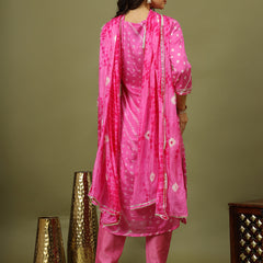 Women Bandhani Printed Silk Kurta with Trousers & Dupatta