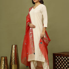 Women Solid Festive Straight Kurta with Trousers & Embroidery Dupatta SetSet