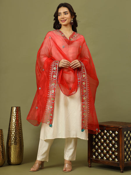 Women Solid Festive Straight Kurta with Trousers & Embroidery Dupatta SetSet