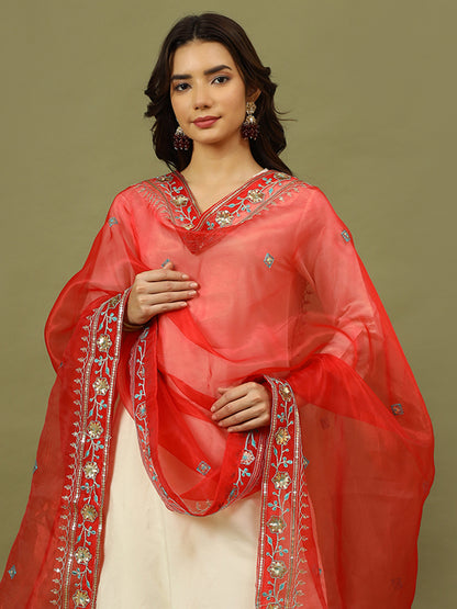 Women Solid Festive Straight Kurta with Trousers & Embroidery Dupatta SetSet