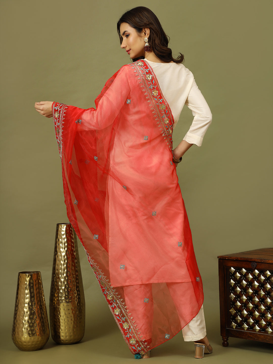 Women Solid Festive Straight Kurta with Trousers & Embroidery Dupatta SetSet
