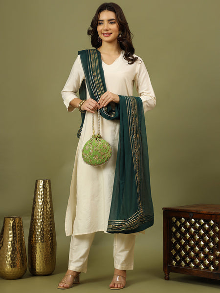 Women Solid Kurta with Trousers & Dupatta