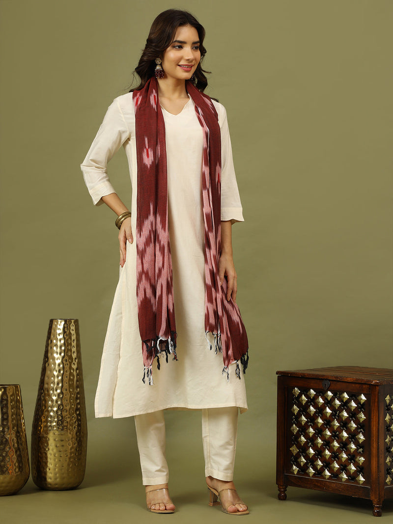 Women off White Solid Kurta with Trousers & Dupatta