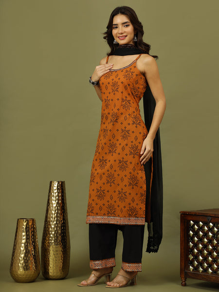 Women Bandhani Printed Cotton Kurta with Palazzo & Dupatta