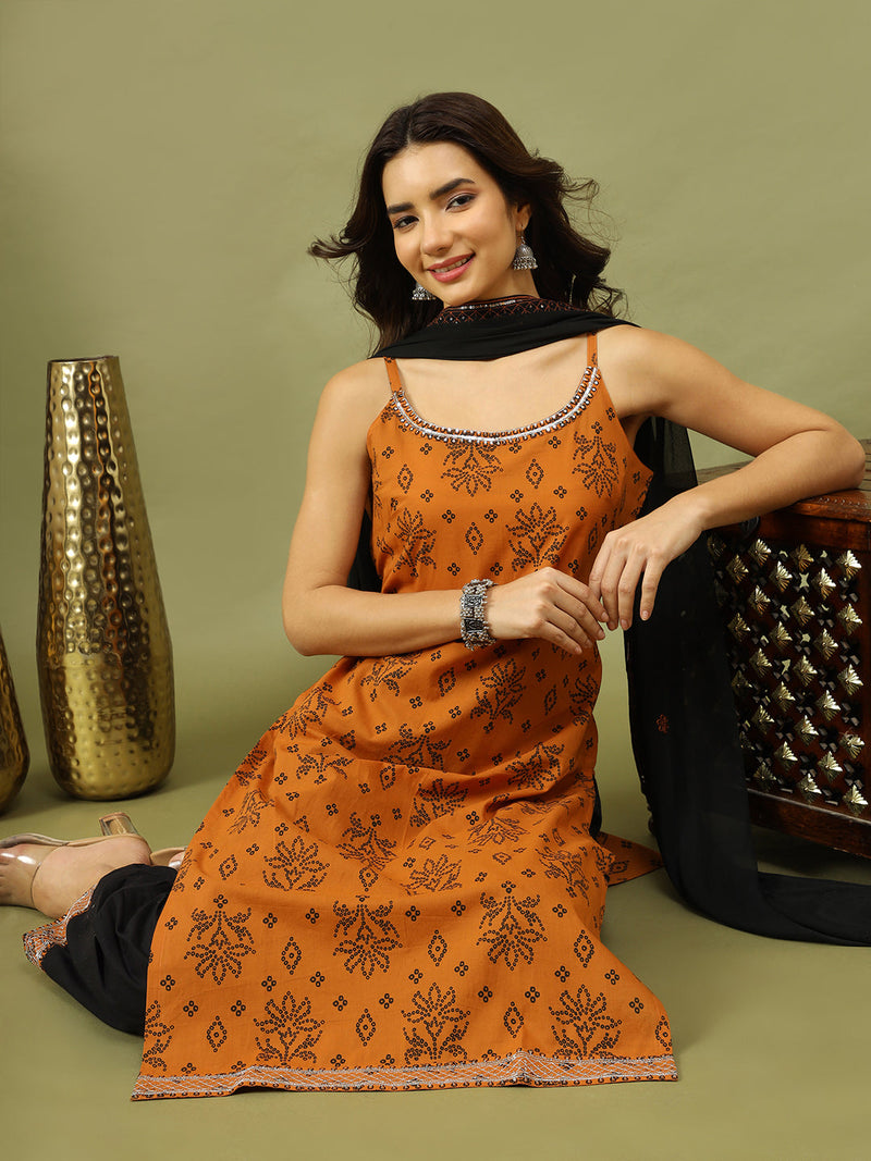 Women Bandhani Printed Cotton Kurta with Palazzo & Dupatta