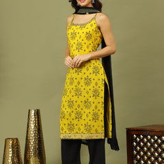 Women Bandhani Embroidered Cotton Kurta with Palazzo & Dupatta