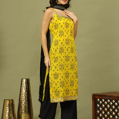 Women Bandhani Embroidered Cotton Kurta with Palazzo & Dupatta