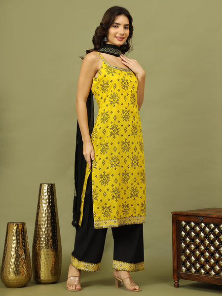 Women Bandhani Embroidered Cotton Kurta with Palazzo & Dupatta