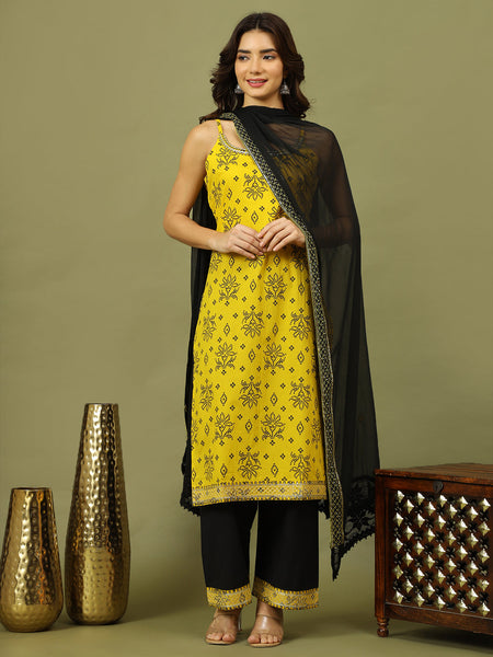 Women Bandhani Embroidered Cotton Kurta with Palazzo & Dupatta