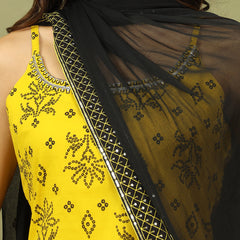Women Bandhani Embroidered Cotton Kurta with Palazzo & Dupatta