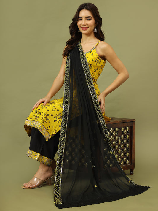 Women Bandhani Embroidered Cotton Kurta with Palazzo & Dupatta