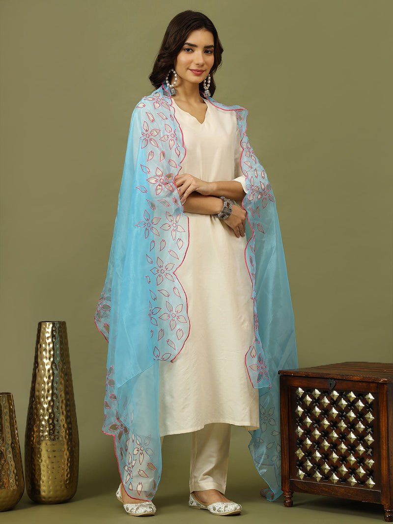 Women Solid Kurta with Trousers & Turquoise Blue Color Dupatta